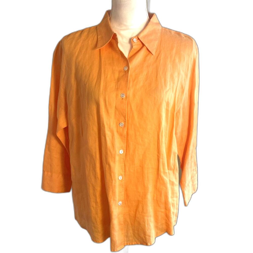 LL Bean 100% Linen Button Up Shirt Sz L Orange Lightweight 3/4 Sleeve Coastal